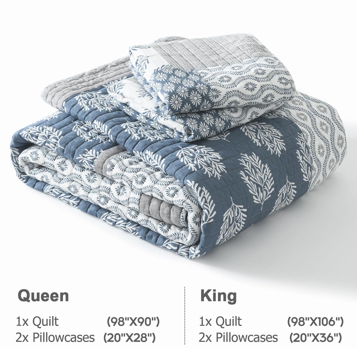 Finlonte King Size Quilt, 100% Cotton Comforter King Size, Blue Grey Farmhouse Quilted Bedspread, Patchwork Lightweight Reversible Quilt Bedding Set for King Bed, 3-Pieces
