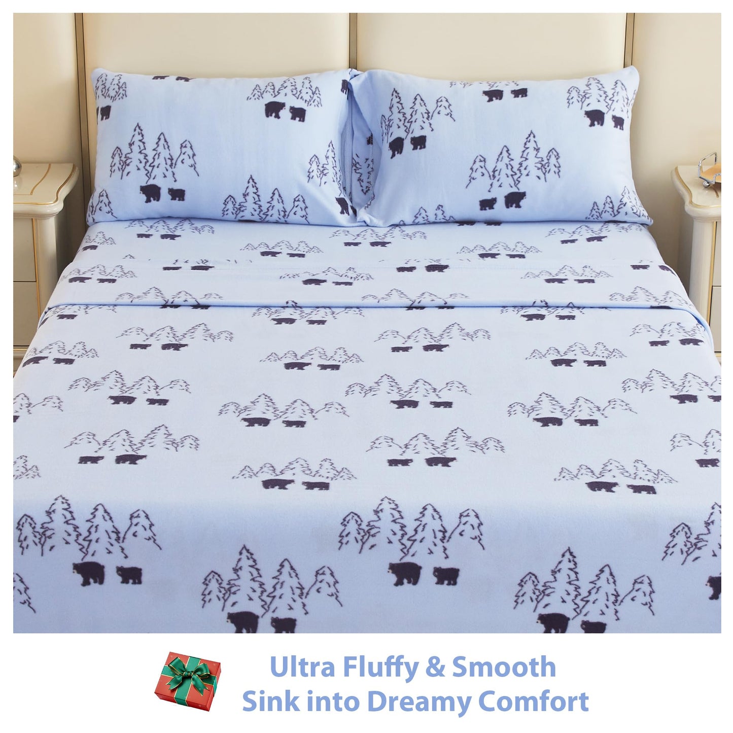 Softan Fleece Sheets Full Size, Flannel Like Soft, Velvet Polar Microfleece Sheets for Winter, Blue Bear