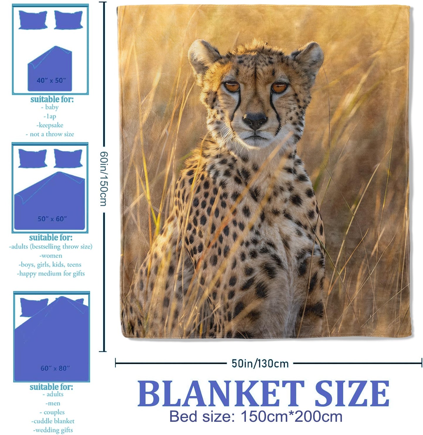 Plistiz Cheetah Throw Blanket 50x60, Wild Animal Cheetah Blankets for Living Room Decor, Soft Flannel Cheetah Gifts for Adults