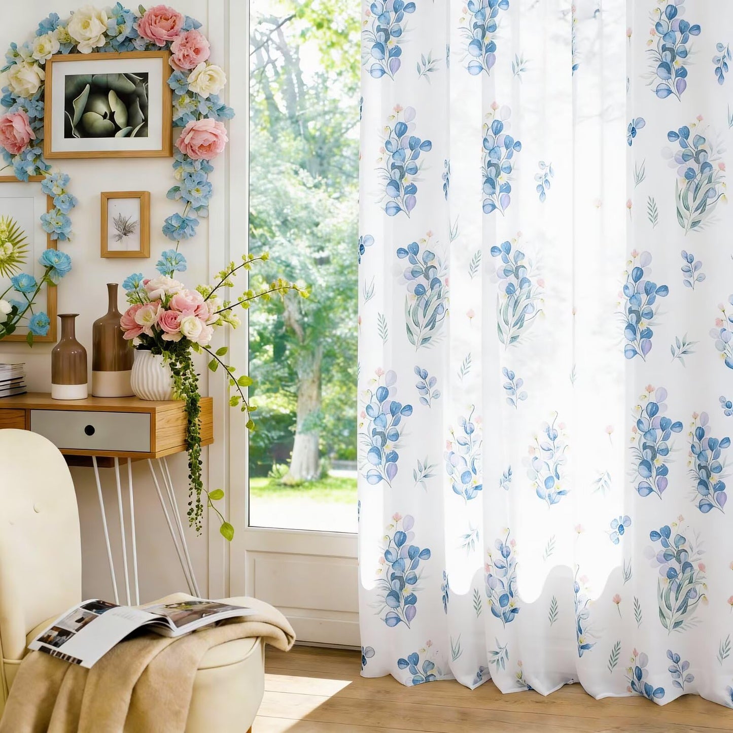 youleyar Floral Sheer Curtains for Living Room 84 Inches Long 2 Panels White Semi-Sheer Curtain with Blue Floral Printed Pattern Summer/Spring Rod Pocket Voile Drapes for Bedroom, 52" W x 84" L