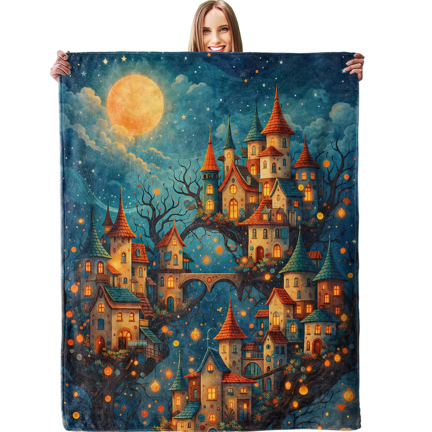 dhakalrlde Fantasy Moonlight Castle Blanket, Soft Magical Tree Village Night Sky Throw Fairy Tale Blanket Gifts for Women Girls, Lightweight Warm Cozy 60×50 inch Flannel for Couch, Travel, Bed, Decor