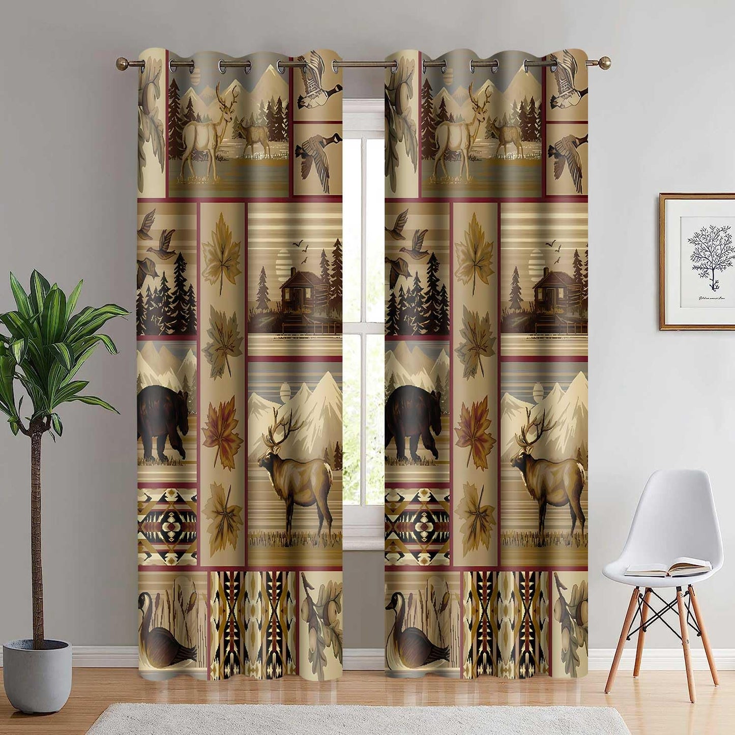 MIZSYE Retro Rustic Blackout Curtains Wildlife Bear Deer Farmhouse Chalet Snowy Mountain Plaid Window Drapes Insulated Blackout Privacy Curtain for Bedroom Living Room Dining Room 2Plates 42x84inch