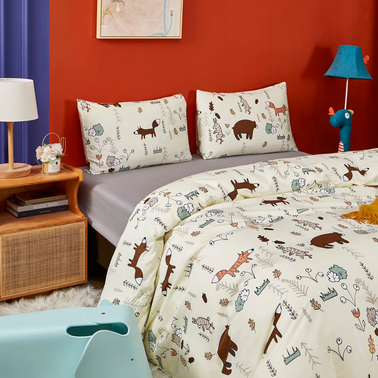 CLOTHKNOW Yellow Queen Duvet Cover Sets Kids Cartoon Bedding Sets Animal Woodland Fox Rabbit Theme Bedding Queen with 2 x Pillow Cases