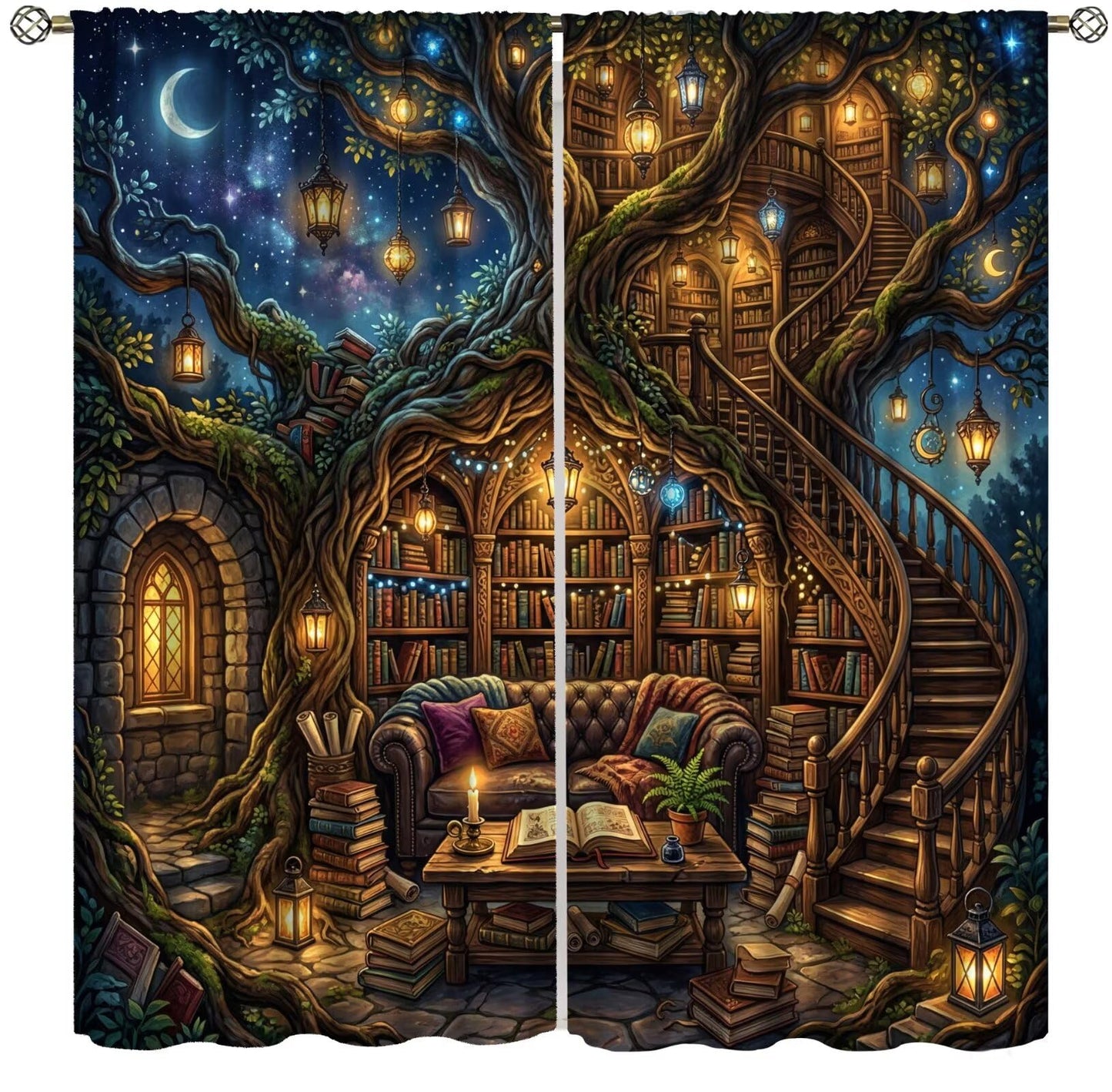 PHTAYOT Fantasy Magical Library Short Curtains,Tree of Life & Magic Bookshelf Decor Window Drapes for Small Windows,2 Panels,42x45 Inch