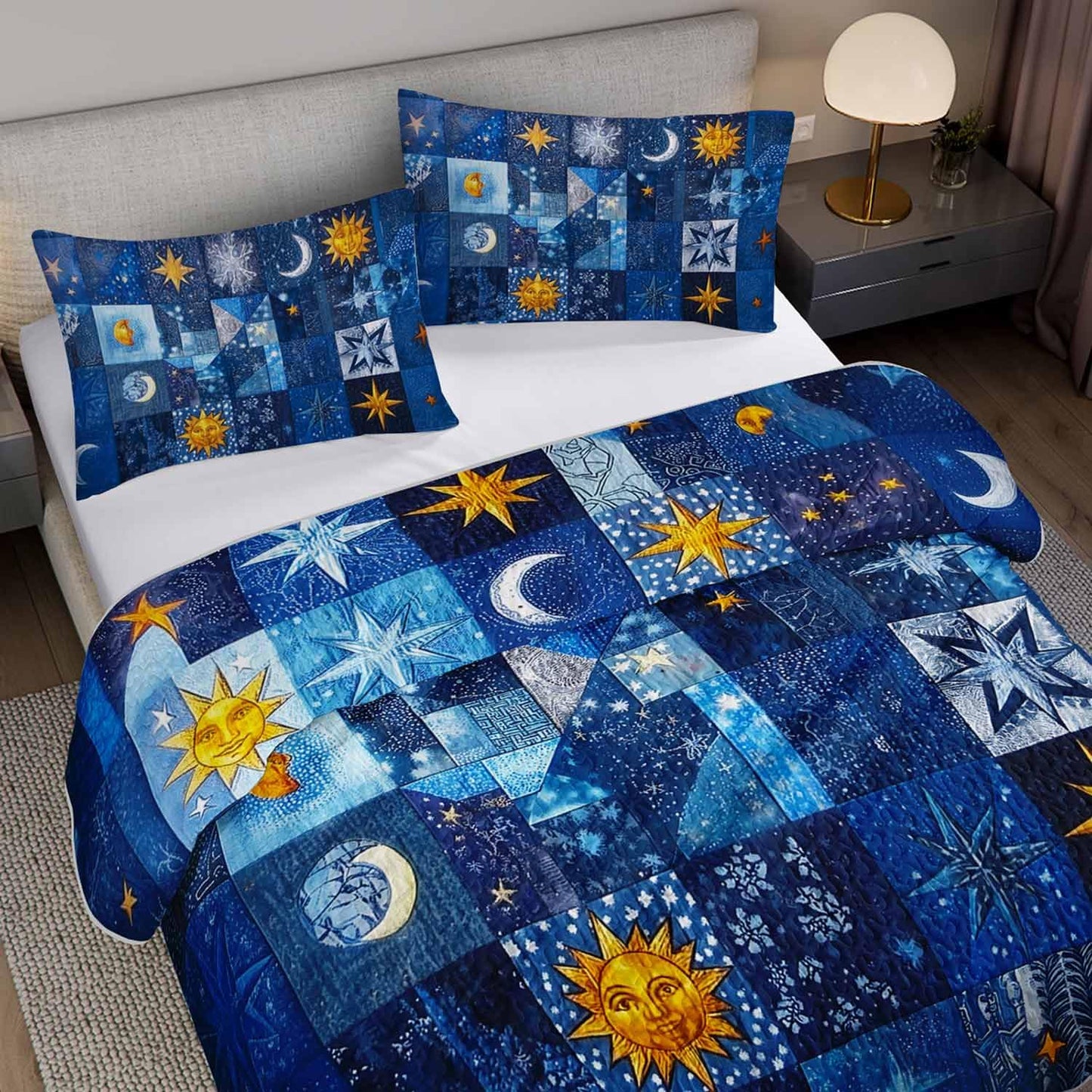XYNHML Sun Moon Star Quilts Bedding Full 3Pcs Mystic Celestial Galaxy Starry Quilt Set Blue Patchwork Grid Lightweight Soft Bedspread Coverlet with 2 Pillowcases for Kid Boy Girl Teen Adult Bed Decor