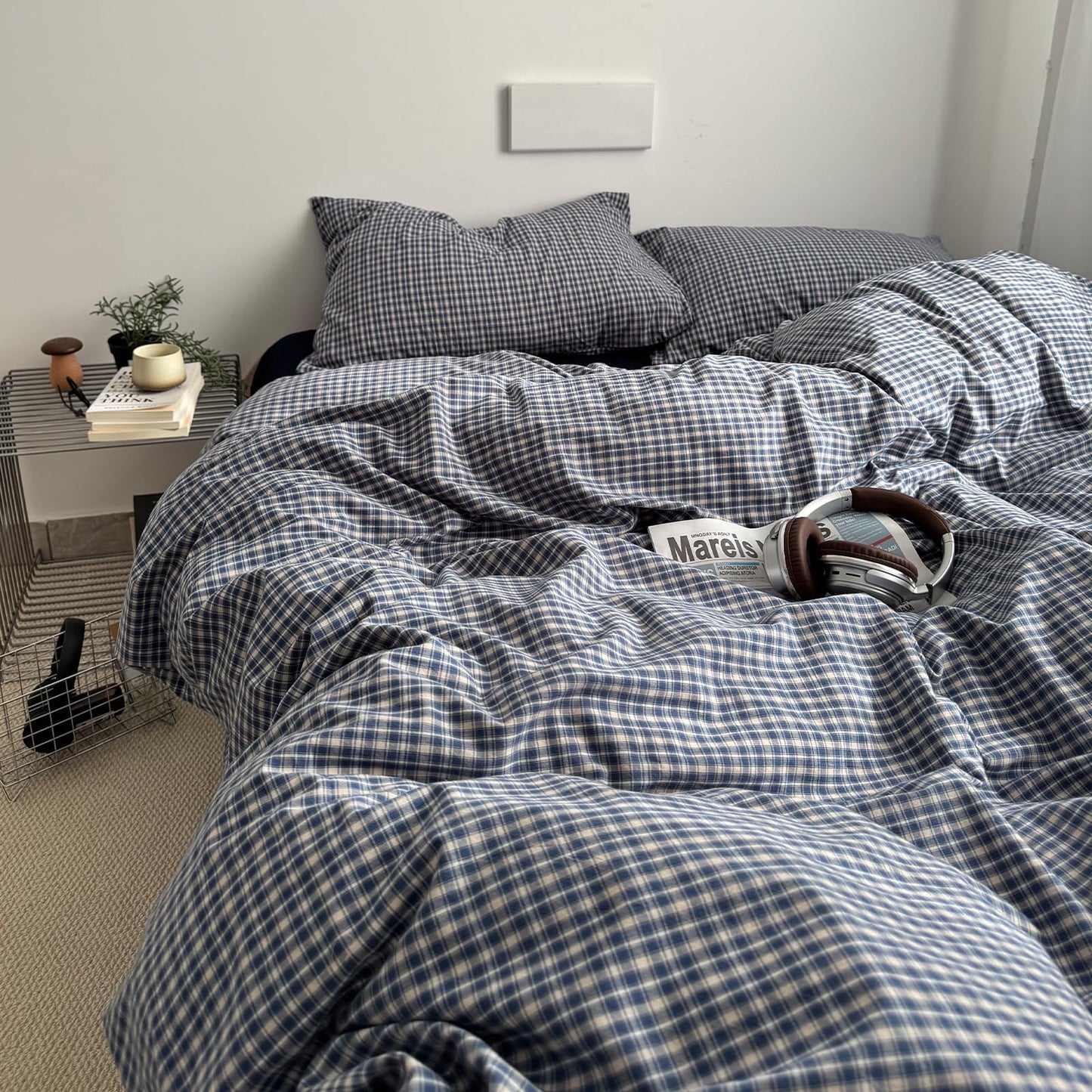 VM VOUGEMARKET Demin Blue Gingham Duvet Cover Queen 3 Pieces Neutral Plaid Grid Duvet Cover 100% Washed Cotton Comforter Cover with 2 Pillowcases Farmhouse Checkered Bedding Set