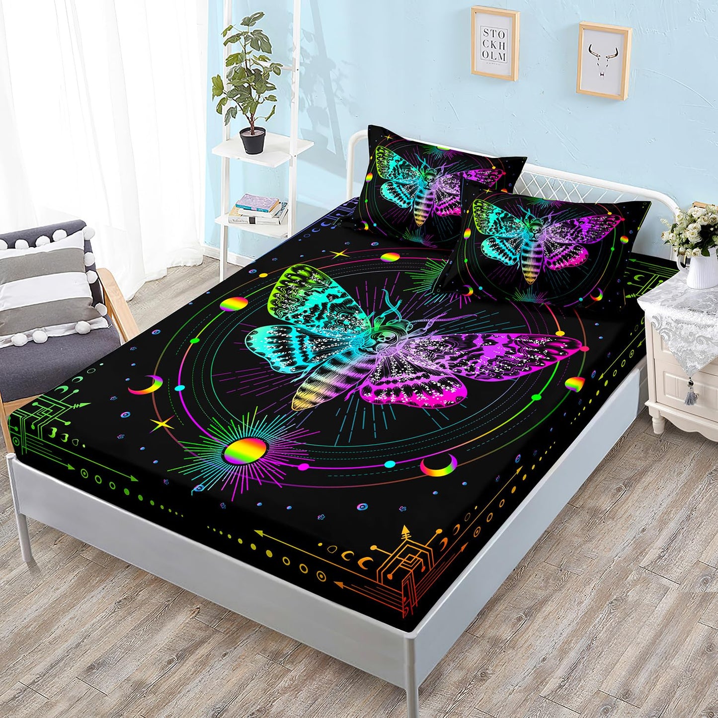 HOSIMA Moth Fitted Sheet Twin,Gothic Aesthetic Room Decor,Halloween Whimsigoth Bed Set Rainbow Stars Moon Boho Bedding,Death Moth Skull Bedding Sets for Girls Adults.