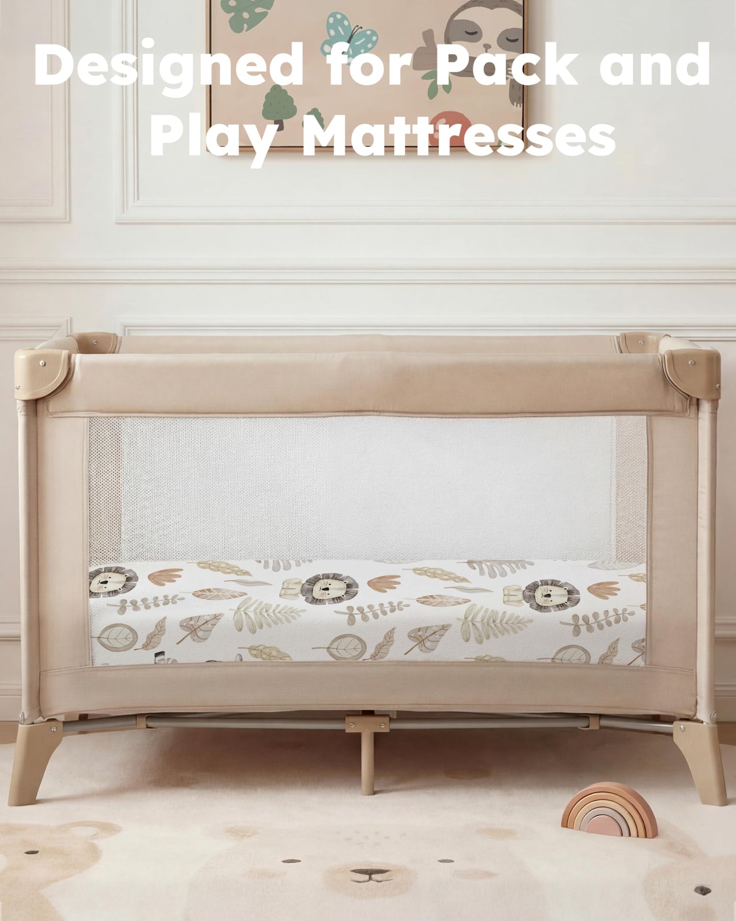 Nyessmee Pack and Play Sheets for Boys Girls, 38" x 26" Mini Crib Sheets Fitted for Pack n Play Mattress, Soft Breathable Playard Sheets, 2-Pack Brown Lion