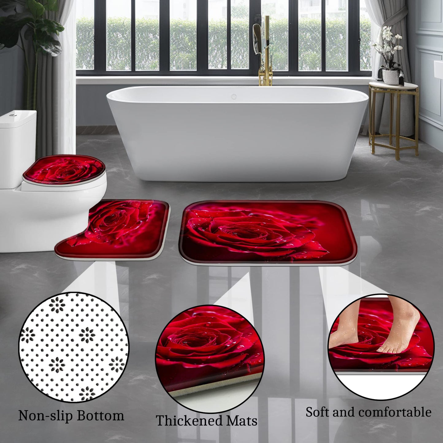 Poedist 4 Pcs Shower Curtain Set, Red Rose Bathroom Set,Romantic Shower Curtain Sets with Rugs(Bath Mat,U Shape and Toilet Lid Cover Mat) and 12 Hooks