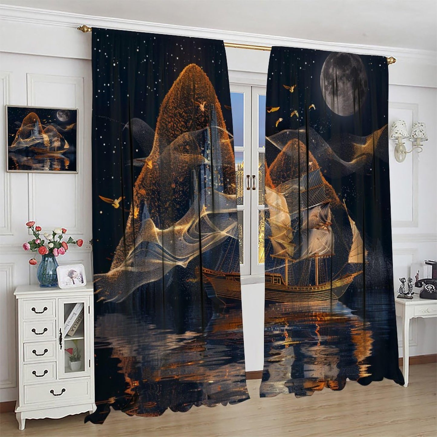 TOWINSFB Abstract Nautical Sailboat Blackout Curtains for Living Room Bedroom, Night Star Moon Seagull Window Curtains Rod Pocket Thermal Insulated Window Drapes, 2 Panels, Each 21W x 63L