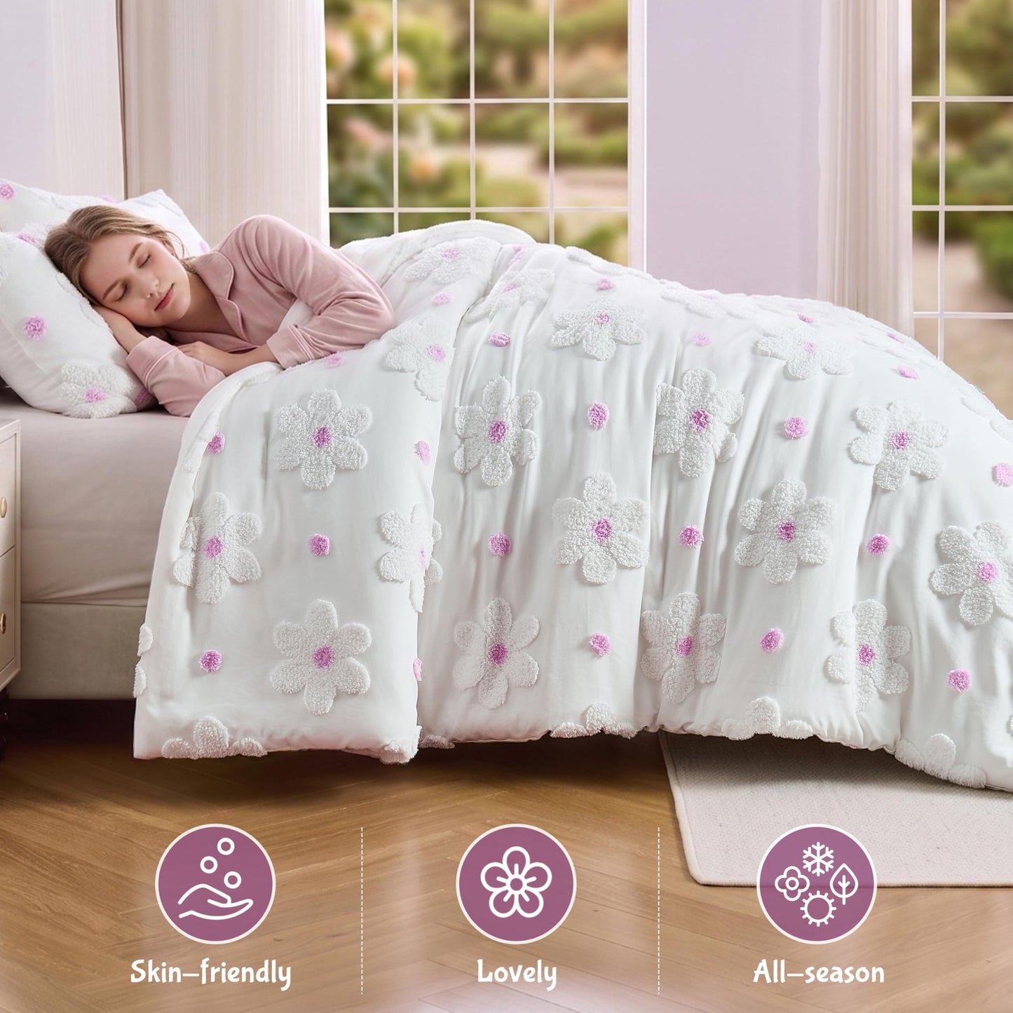 CotComf Twin Comforter Set for Girls 2 Pieces Tufted Daisies Flowers Soft Pink Floral Twin Size Bedding Set Bed in A Bag Cute Comforter Set for Kids, Lightweight Bed Set for Kids Teen Girls Women