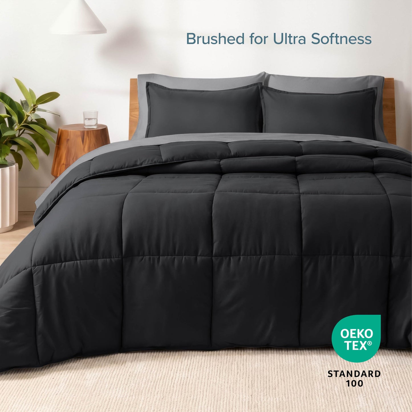 Bare Home Bed-in-A-Bag 7 Piece Comforter & Sheet Set - Queen - Goose Down Alternative - Ultra-Soft 1800 Premium Bedding Set (Queen, Black/Grey)