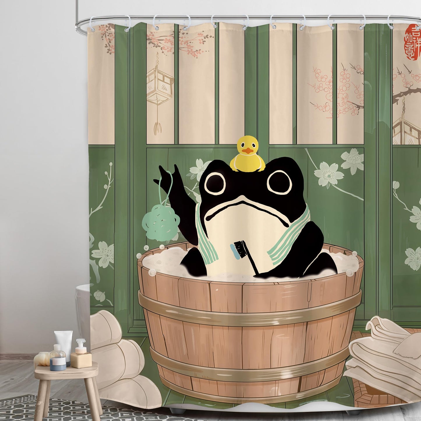 LGhtyro Funny Frog Shower Curtain Bathroom Set 60Wx71H Inches Traditional Japanese Cute Animal Cherry Blossom Kwaii Rustic Green Board Bath Accessories Rustic Retro Art Home Decor Fabric 12 Pack Hooks
