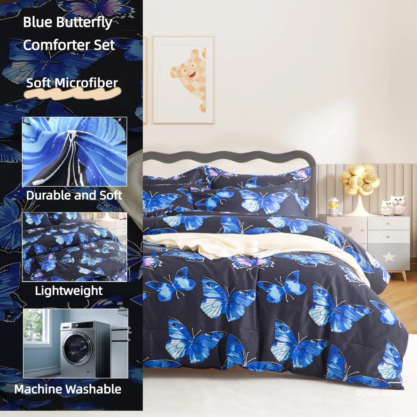 SDIII Blue Butterfly Comforter Set Twin 3 Pieces, Soft Microfiber Lightweight Blue Butterfly Twin Bedding Set for Girls Kids and Teens All Season