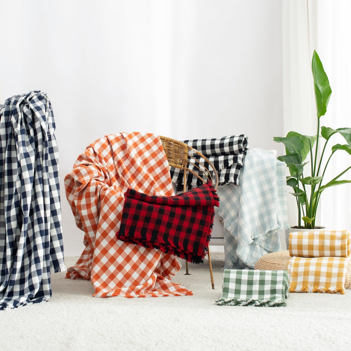 CloudDwelling 100% Cotton Throw Blanket Plaid Soft Lightweight Cozy Farmhouse Tassels Summer Thin Breathable Throws for Couch Sofa Bed (50" × 60" Green)