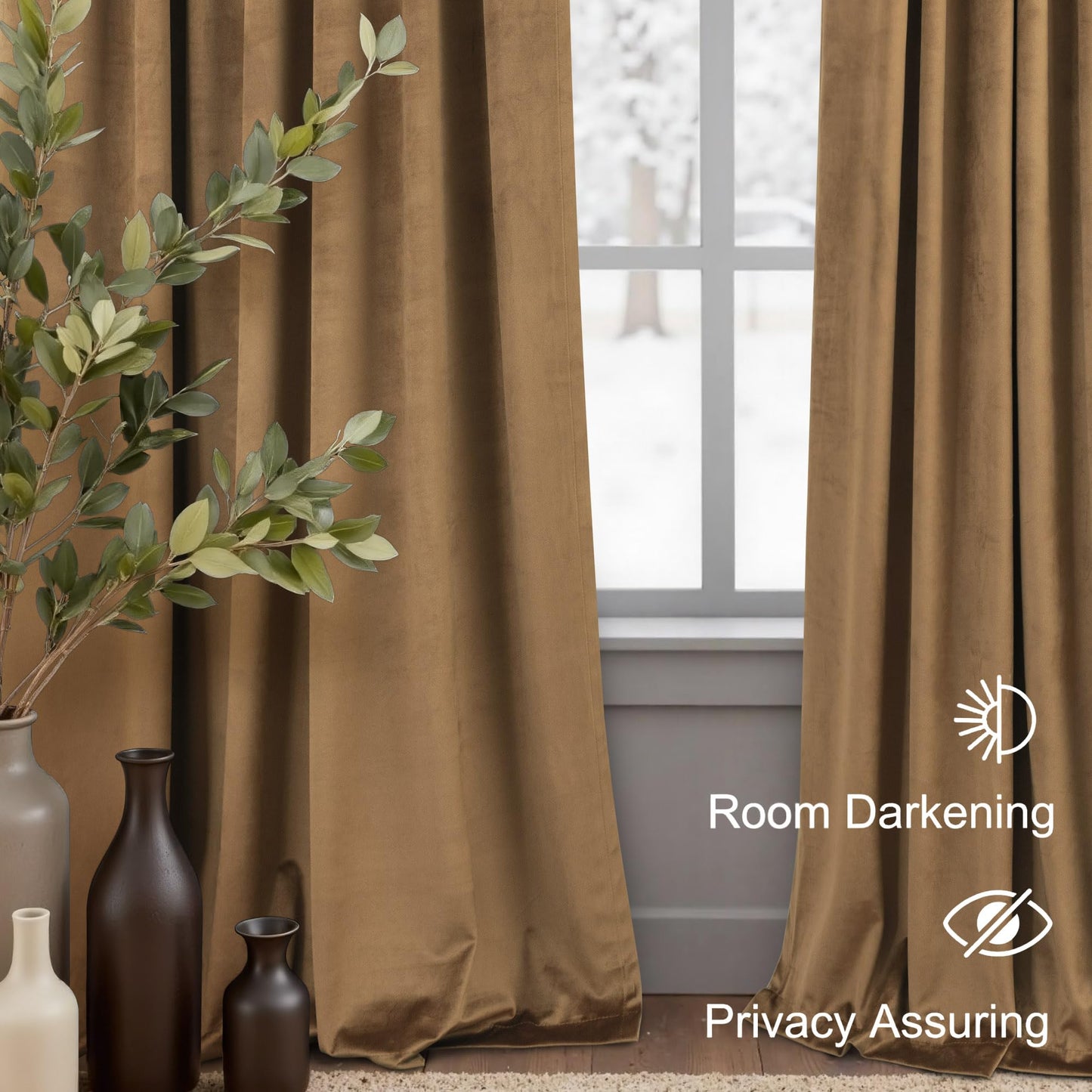 Velvet Curtains 84 Inch Length 2 Panels Set Gold Brown Light Blocking Thermal Insulated Room Darkening Window Drapes Soft Luxury Curtain for Living Room Bedroom Back Tab Pleated Pocket 7ft Long Golden