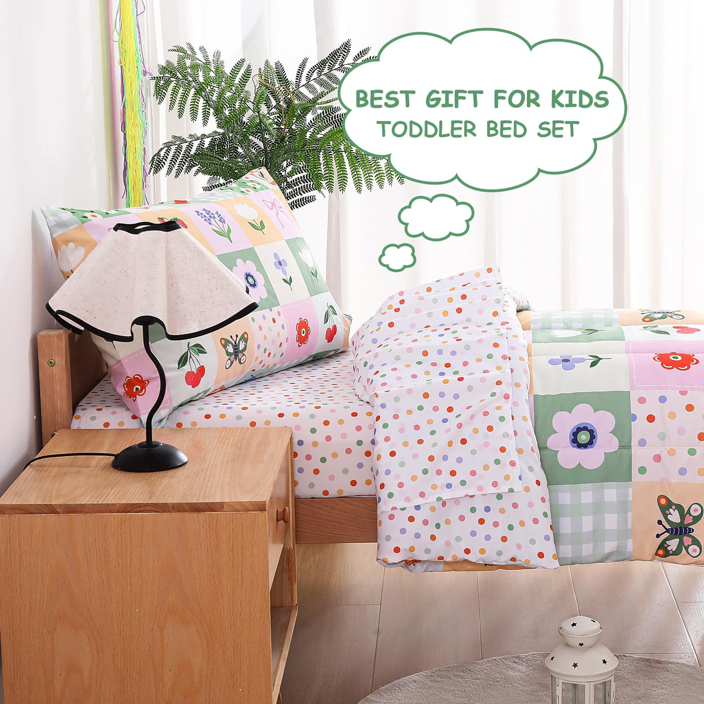 Mooreeke 4 Pieces Toddler Bedding Set - Green Floral Butterfly Toddler Comforter Sets for Girls, Includes Comforter, Flat Sheet, Fitted Sheet and Pillowcase, Bed in A Bag for Baby Bedroom