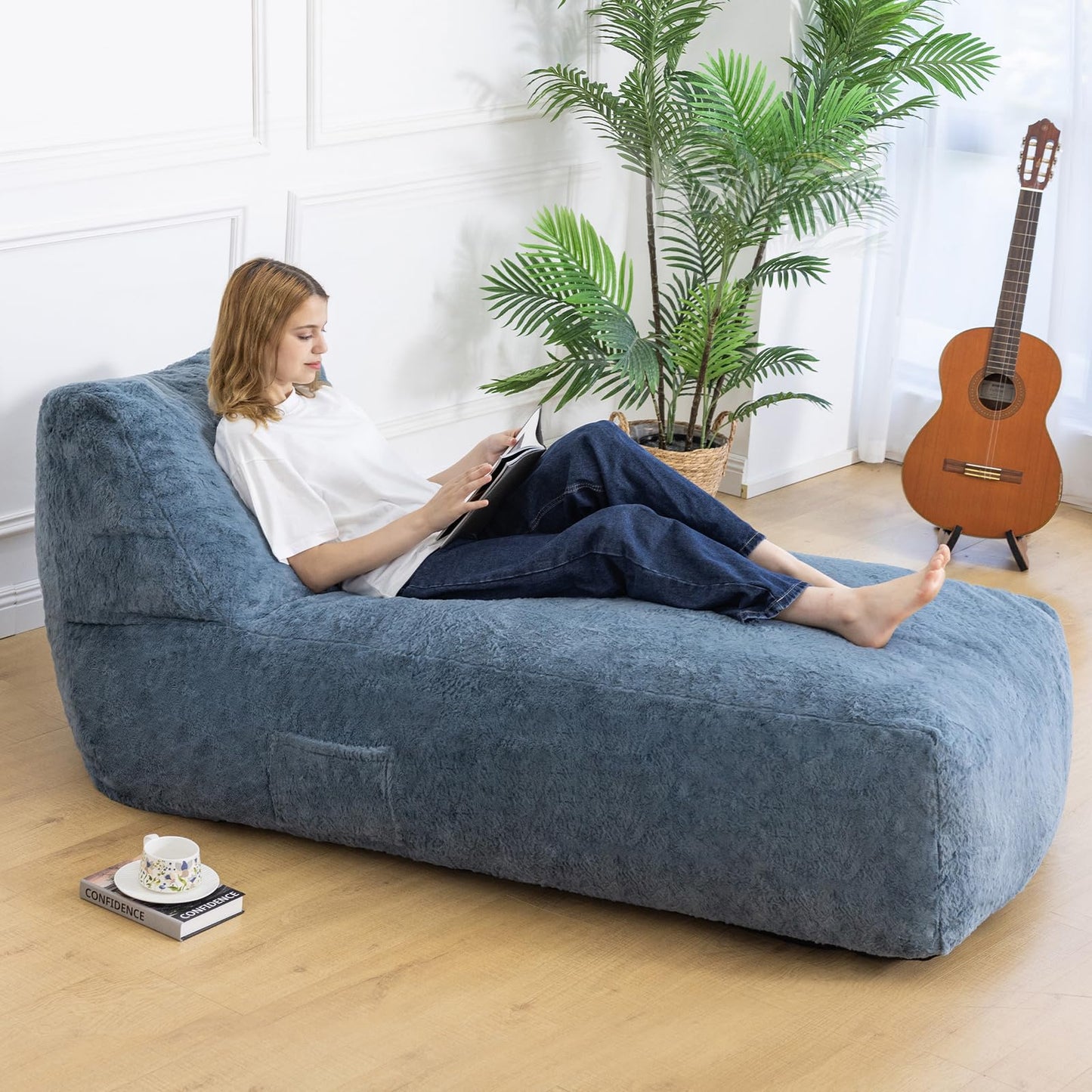 Giant Bean Bag Chair for Adults (59"x34"), Big Faux Fur Plush Bean Bag Lounger, Large Memory Foam Lounger Chair with Pockets for Living Room, Bedroom & Dorm (Bluegrey)