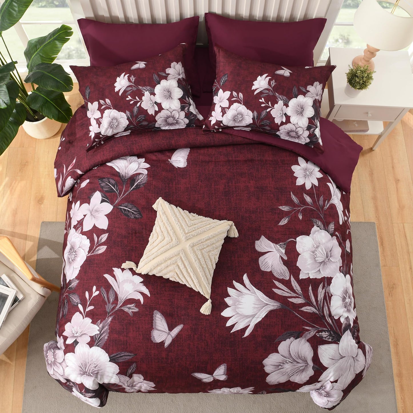 DHSFKBE Floral Comforter Set Queen Size, 7 Pieces Burgundy Bed in a Bag, Elegant Floral Butterfly Comforter and Sheet Set, Soft Microfiber Bedding Set for All Seasons(Burgundy,90"x90")
