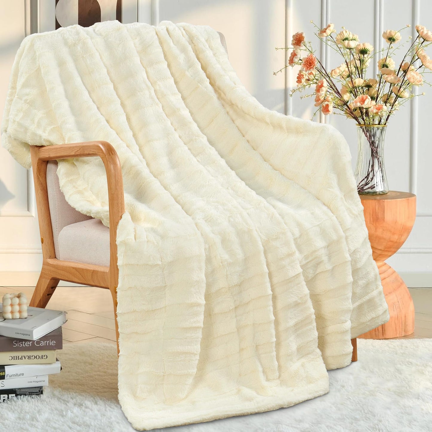Home Soft Things Derby Double Sided Faux Fur Throw Blanket, Ivory, 50'' x 60'', Super Soft Comfy Fluffy Plush Bed Couch Cover for All Year Round Accent Home Decoration