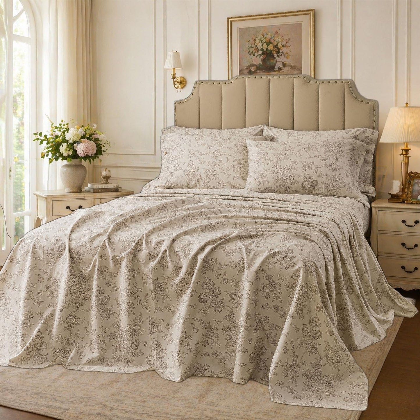 FADFAY Luxury 100% Cotton Percale Queen Sheet Set – 4-Piece Vintage Botanical Floral Bedding, Hotel-Quality Crisp & Breathable Sheets, Deep Pocket Fitted Sheet, Elegant French Country Cottage Style