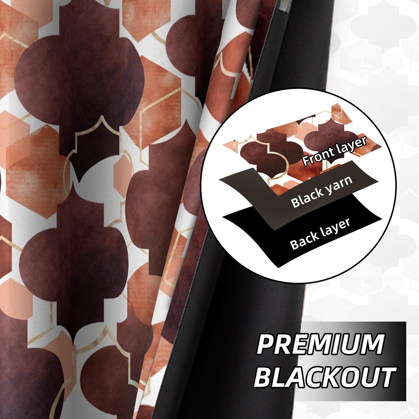 Tyrot Brown Moroccan 100% Blackout Curtains for Bedroom Abstract Geometric Black Out Curtains 96 inch Long 2 Panels Set Window Drapes Thermal Room Darkening Curtains for Living Room, 52Wx96L
