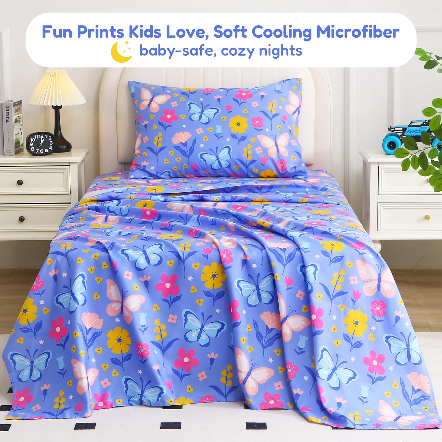 Softan Kids Twin Sheets Set, 3 Piece Butterfly Floral Bedding Set for Girls, Soft Breathable Microfiber with 15" Deep Pocket, Fitted Flat Sheet & Pillowcase