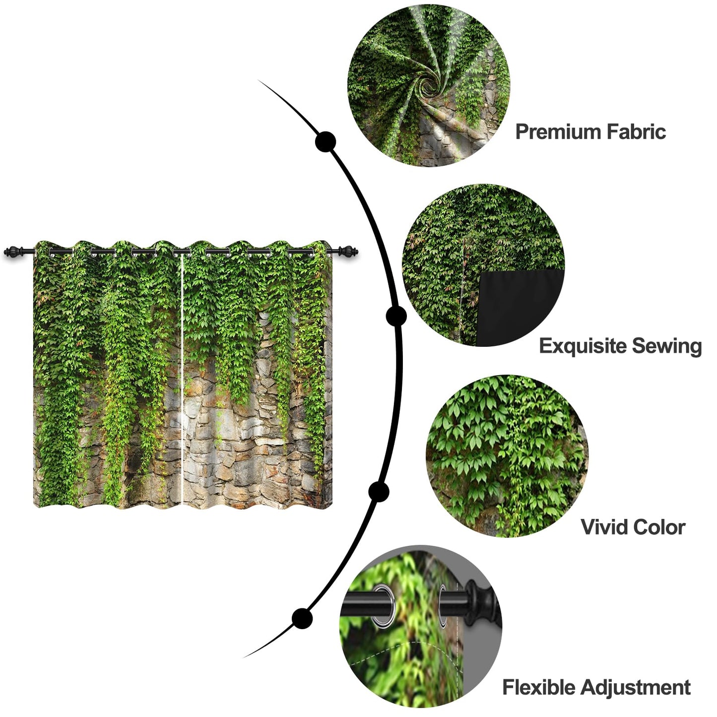 Umpoo Green Ivy Leaf Blackout Curtains Leaves Plants Rustic Stone Wall Spring Scenery Curtain for Living Room Bedroom Home Decoration Window Drapes Fabric Set of 2 Panels, 42x96 Inch