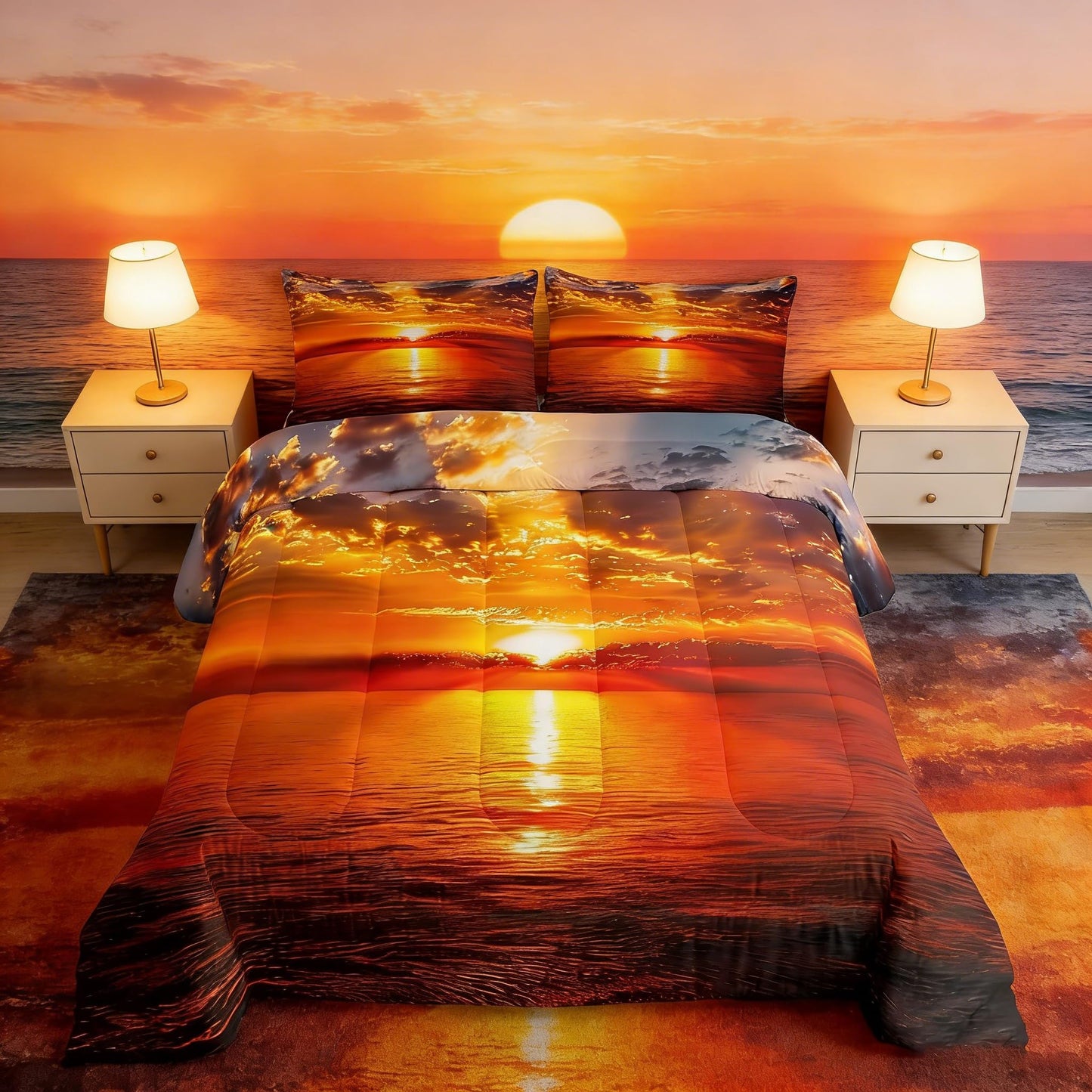 Manfei Sea Sunset Comforter Set Twin Size, Ocean Natural Landscape Bedding Set 2pcs for Kids Boys Girls Room Decor, Ocean Theme Down Comforter with 1 Pillowcase, No Sheets