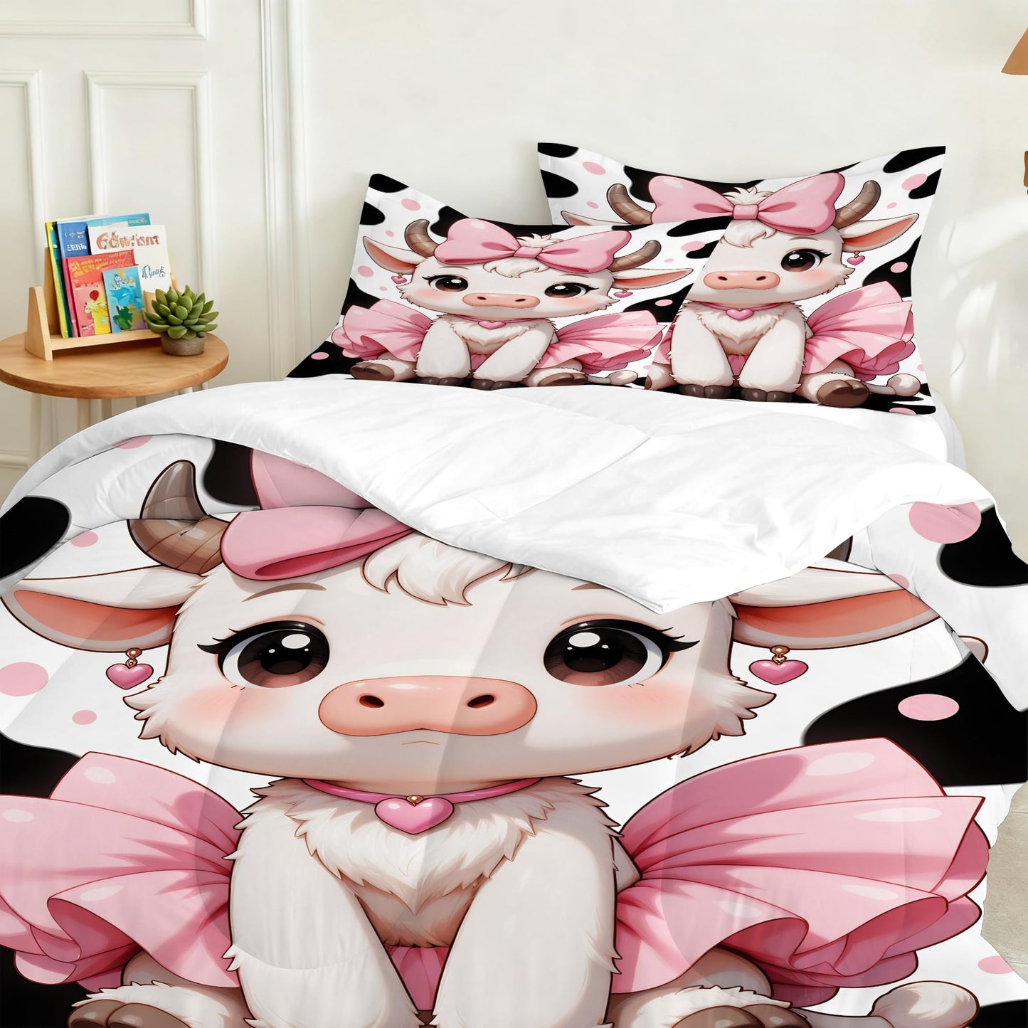 VTKON Cute Girls Cow Comforter Set Twin Size for Kids Teens Pink Bow Tutu Cow Bedding Set Kawaii Cartoon Animal Bed Set for Toddler Nursery Bedroom Decor Soft Quilt Set with 1 Pillowcase