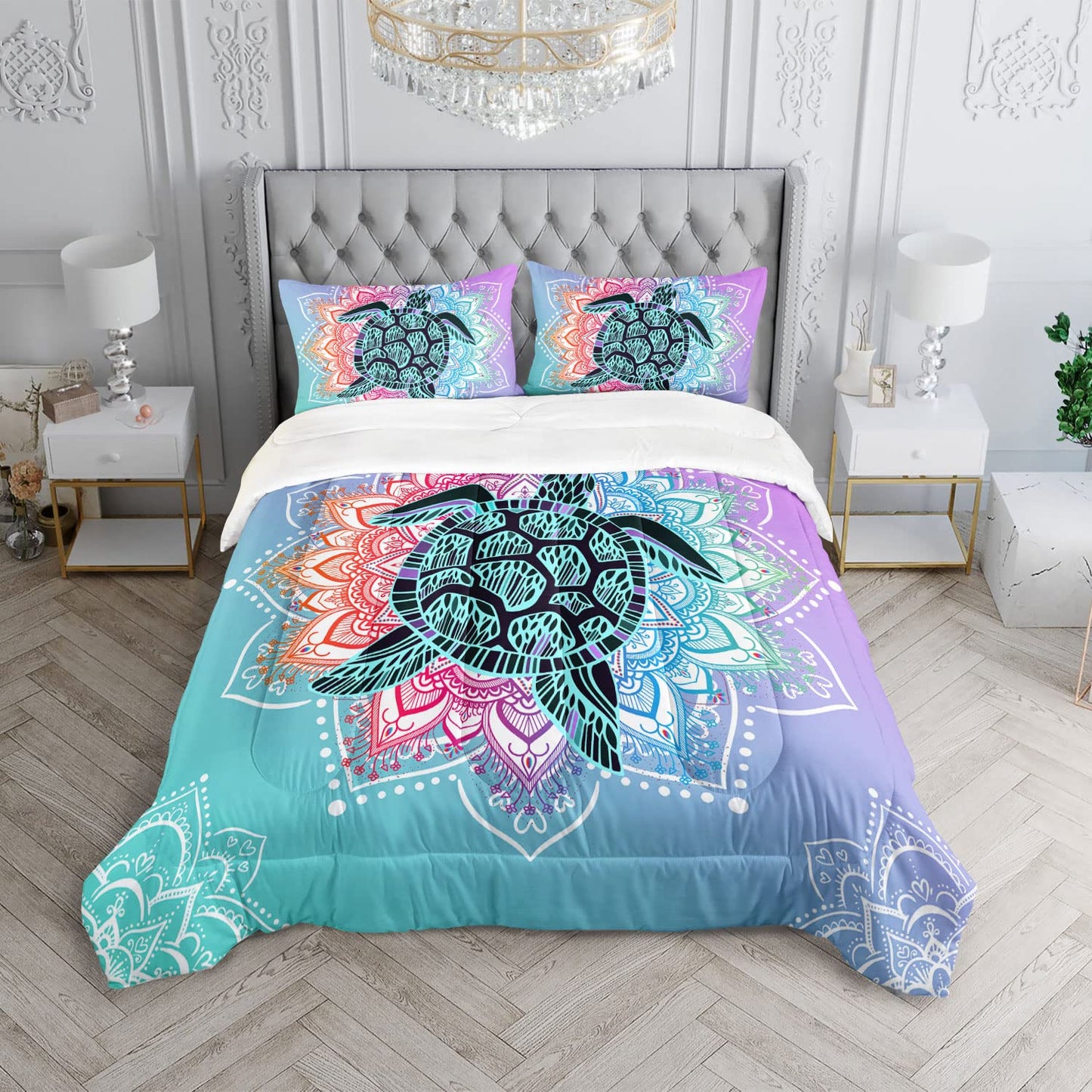 HOSIMA Sea Turtle Bedding,Coastal Beach Themed Comforter Set Twin Size for Kids Teen Girls Boys Room Decor,Mandala Turtle Comforter Bed Set Twin Size with 2 Pillowcases.