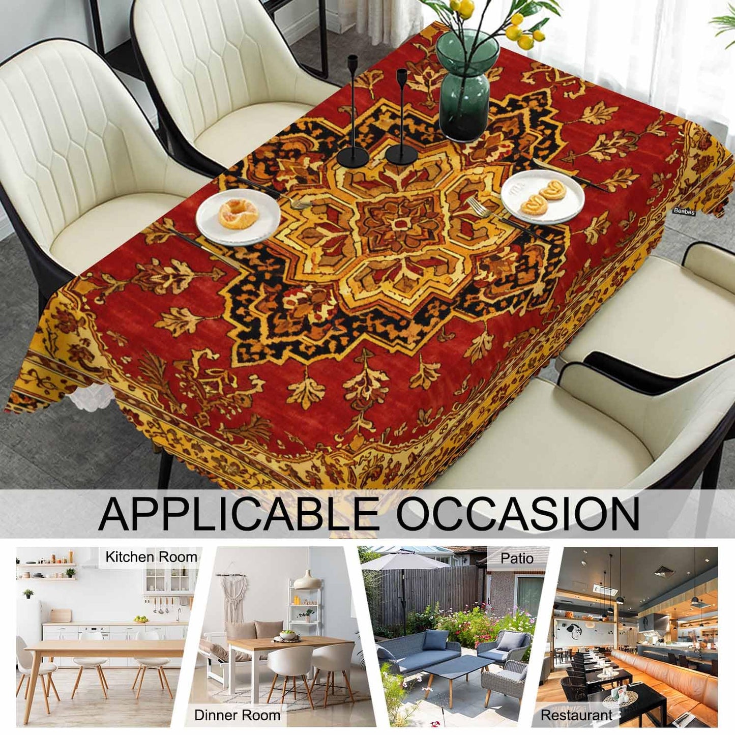 Beabes Rug Dinner Tablecloth Table Cover, Geometric Bohemian Style Carpet Rug 52x70 Inch Table Cloth Dust-Proof Table Cover Protector for Home Restaurant Picnic Camping BBQ Coffee, Red