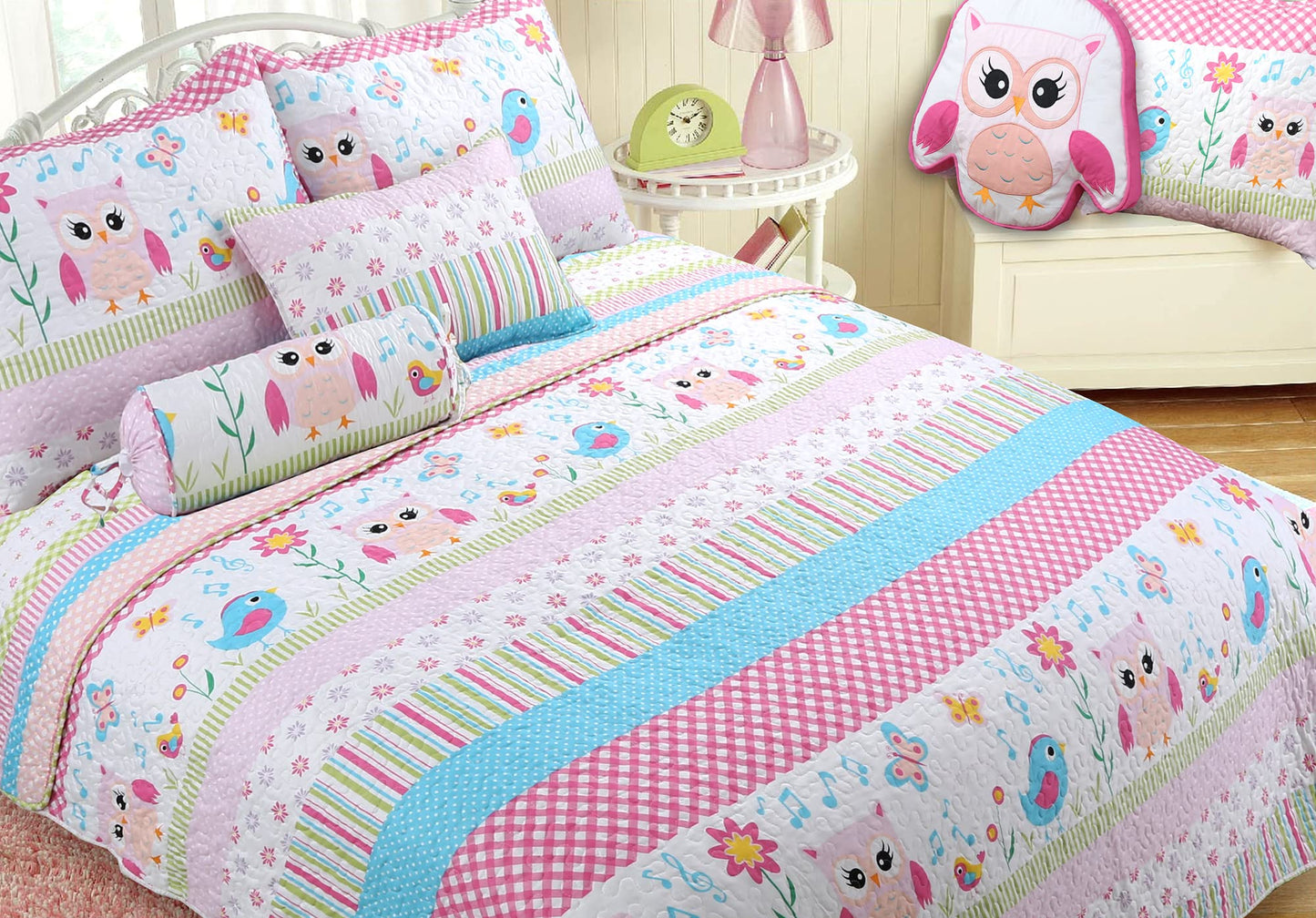 Cozy Line Home Fashions Happy Owl Pink Reversible Quilt Bedding Set, Coverlet, Bedspreads for Girls (Happy Owl, Twin - 2 Piece)
