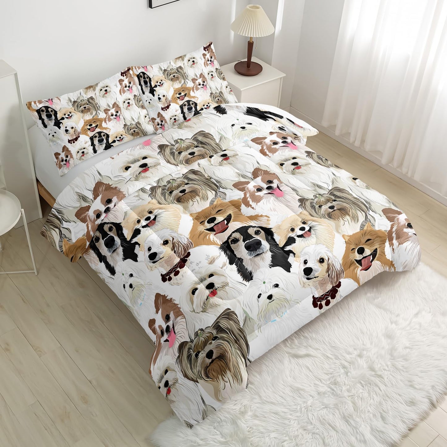 Nttopship Cartoon Dog Comforter Set King Size，Cute Dog Bedding Set for Kids Teens and Adults Soft Microfiber All Season(1 Comforter & 2 Pillowcases)