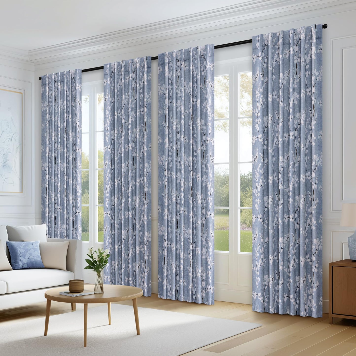 FMFUNCTEX 100% Blackout Floral Curtains for Bedroom, Blue Curtains 84 inch Length Blossom Flower Patterned for Living Room, Thermal Insulated Farmhouse Drapes, Rod Pocket 2 Panels (White on Blue)