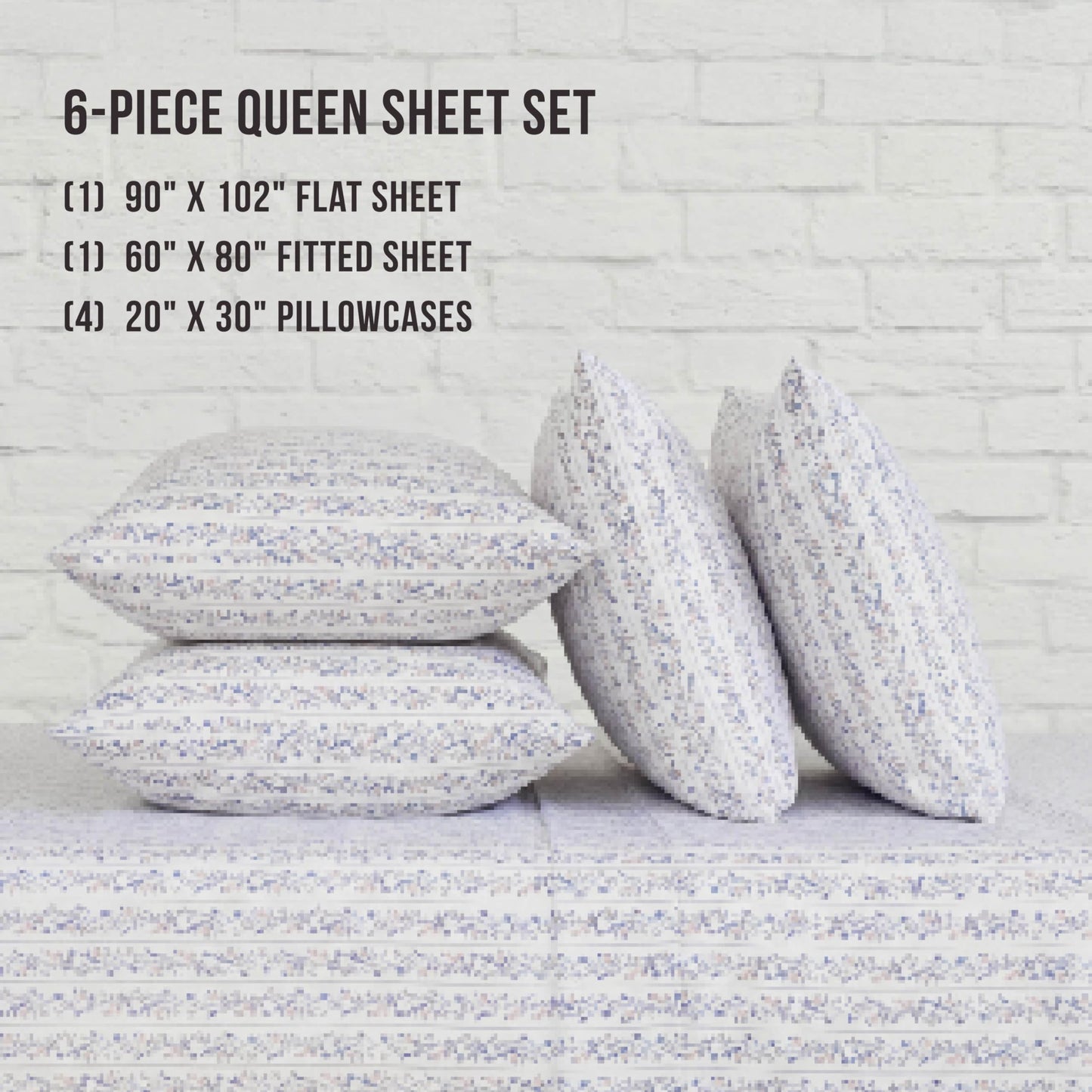 Lucky Brand Printed Microfiber 6-Piece Queen Sheet Set, Floral Stripes Blue