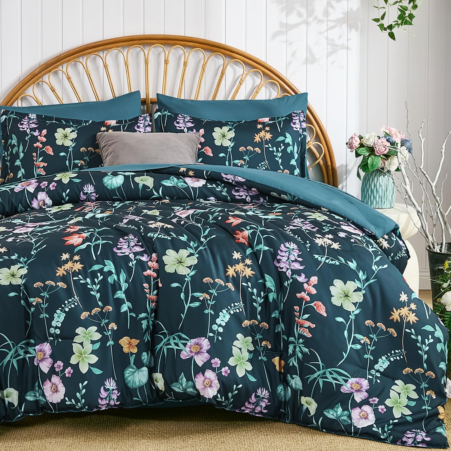 DJY Floral Comforter Set King Size,Peacock Blue Botanical Bedding Comforter Sets,7 Pieces Bed in a Bag Lightweight Microfiber Comforter Set with Sheets Pillowcases & Shams for All Seasons