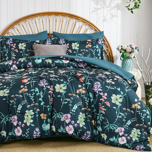 DJY Floral Comforter Set King Size,Peacock Blue Botanical Bedding Comforter Sets,7 Pieces Bed in a Bag Lightweight Microfiber Comforter Set with Sheets Pillowcases & Shams for All Seasons