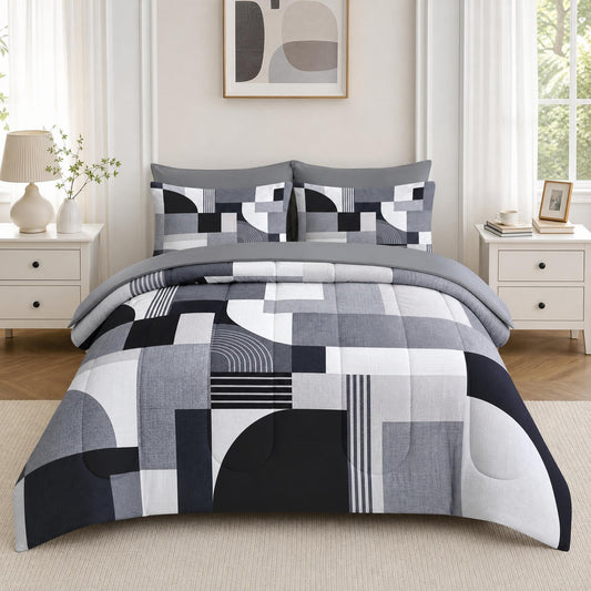 Boewywh Comforter Set Twin Size Abstract Geometric Modern 7 Pcs, Bedding for Kids and Adults, Black Minimalist Bed Sheet Sets with Fitted Sheet 2 Pillowcases & 2 Shams for Bedroom Bed Decor