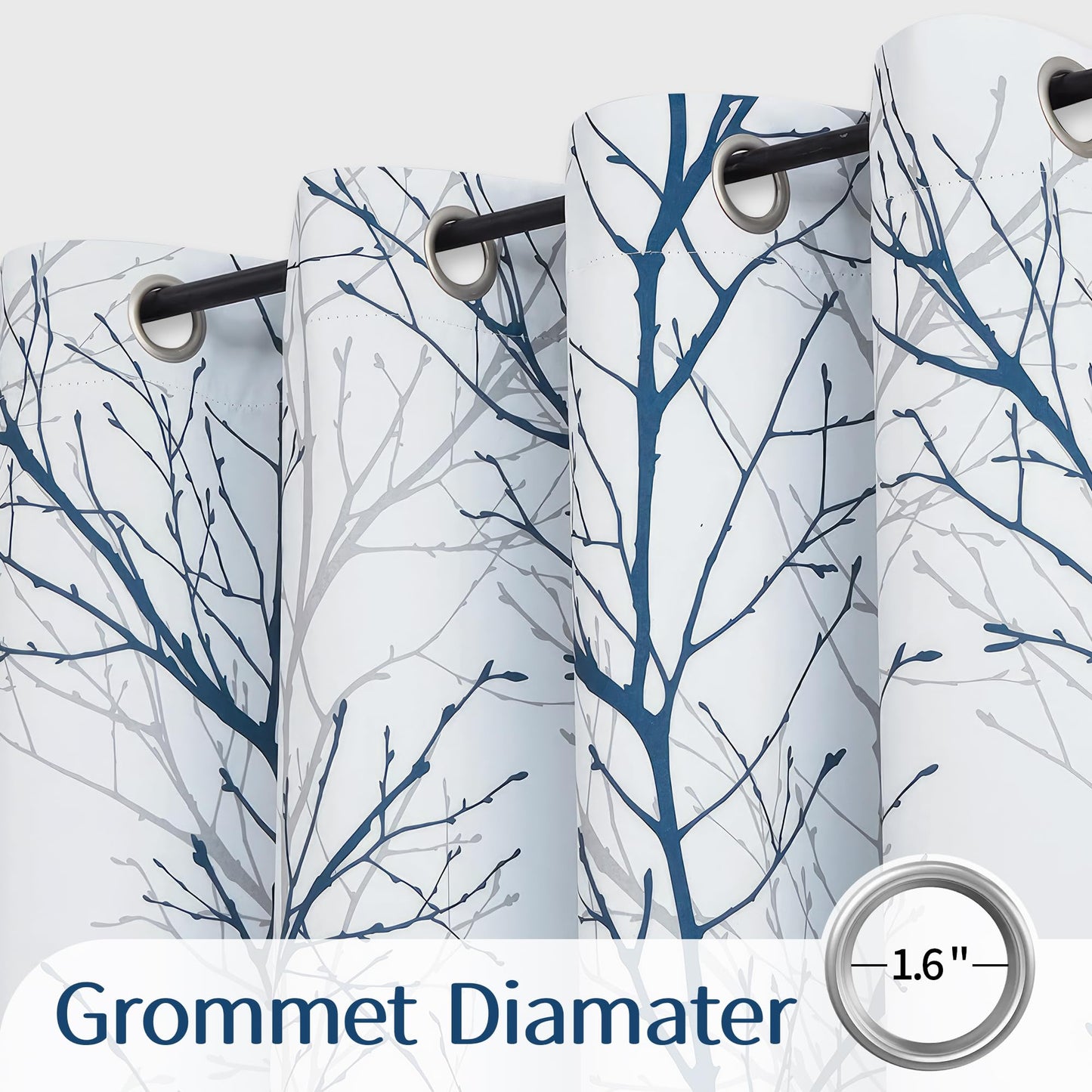 FMFUNCTEX 100% Blackout Curtains for Bedroom, Blue White Tree Branch Curtains 54 Inches Long for Living Room, Short Thermal Insulated Window Drapes for Basement, Small Windows 2 Panels Grommet Top