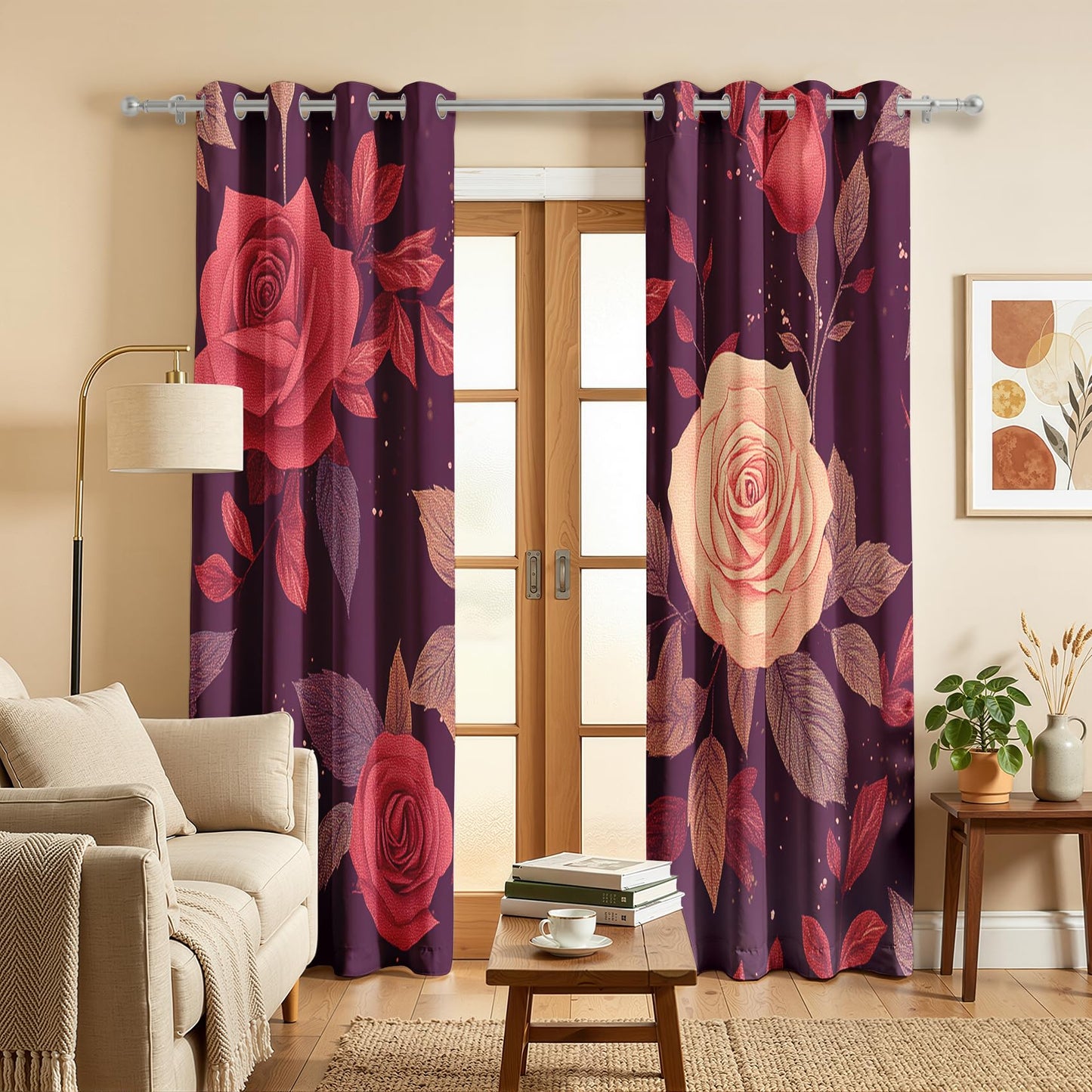 Mistwalk Girls Romantic Rose Blackout Curtains 84 Inches Long, Patterned Curtains for Bedroom & Living Room, Room Darkening Thermal Insulated Grommet Drapes, Vintage Purple Floral Window Treatments