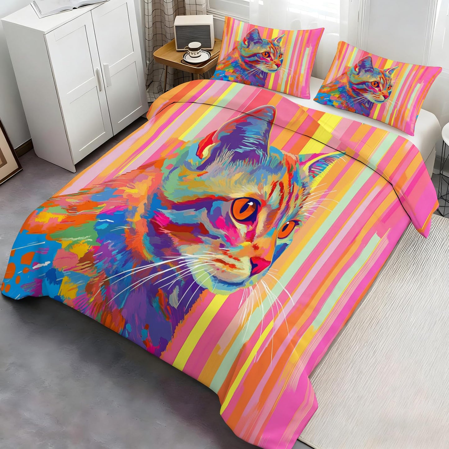ZAMODE Colorful Kitten Duvet Cover Queen Size, Cute Cartoon Cat Comforter Cover 90" x 90", Dreamy Pets Bedding Set with 2 Pillowcases