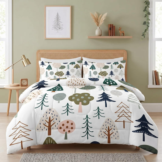 Pamnest Comforter Set Twin Size, Woodland Tree Wood 2 Pcs Soft Bedding Set for Kids and Adults, Plant Pine Green Comforter Set with Pillowcase, for Bedroom Bed Decor