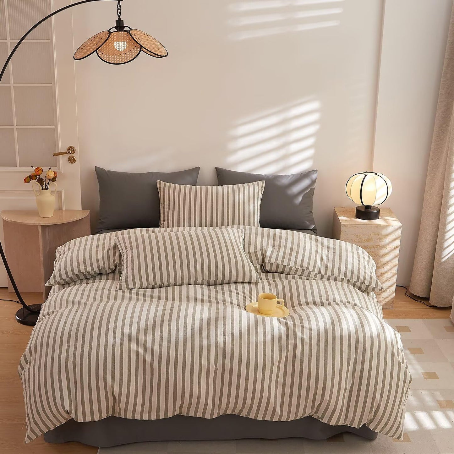 AMZTOP Soft Cotton King Size Duvet Cover Set 3 Pcs,1 Duvet Cover and 2 Pillowcases,100% Washed Cotton Grey Striped Design Bed Set,Zipper Closure Comforter Covers King Size 104"×90"