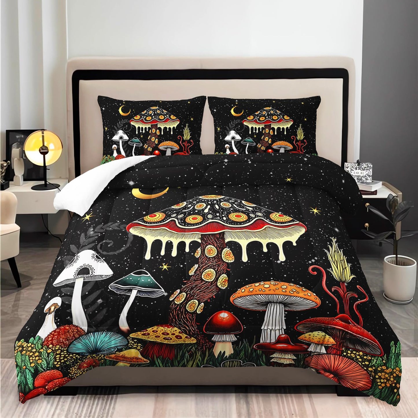 XYNHML Kids Cute Mushroom Comforter 3Pcs Queen Natural Wild Botanical Fungus Bedding Set for Kid Teen Girl Boy Adult Plants Floral Moon Night Star Quilt Bed Decor with 1 Comforter and 2 Pillowcases