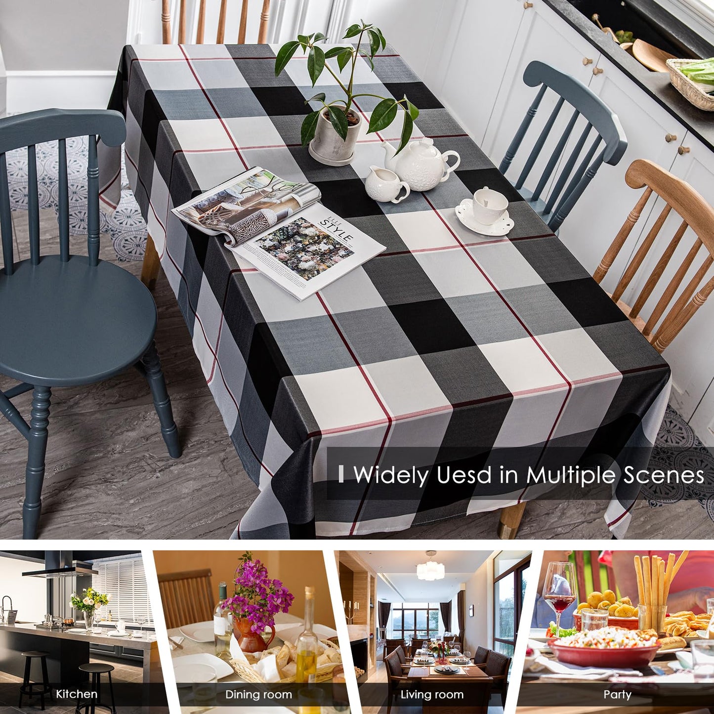 Melodieux Rectangle Plaid Check Tablecloth Spill Proof Water Wrinkle Resistant Table Cover Holiday Party Outdoor Checkered Tabletop Decoration Kitchen Dining Room, 60" x 120", Black