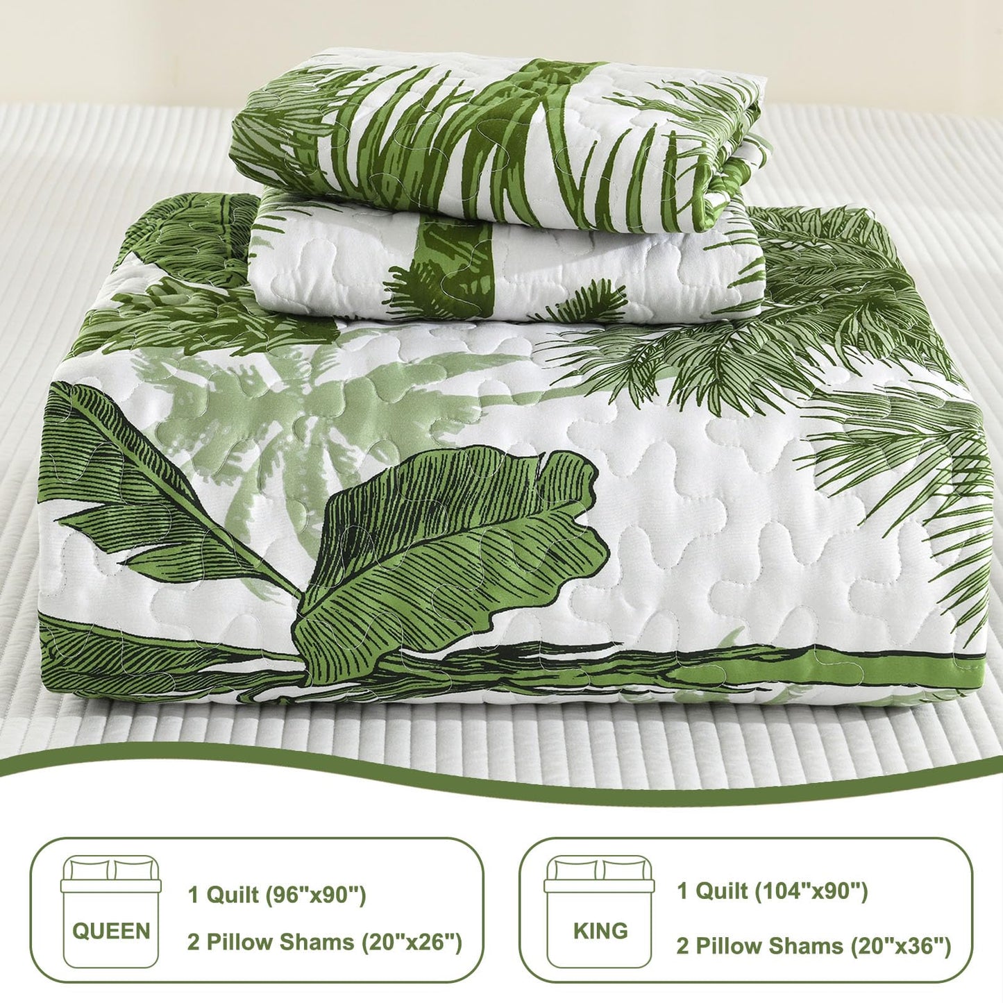 Luxudecor Tropical Plants Quilt Set King Size 3 Pieces Green Palm Botanical Bedspread Rainforest Style Bedding Set Soft Lightweight Bed Cover All Season 104"x90"