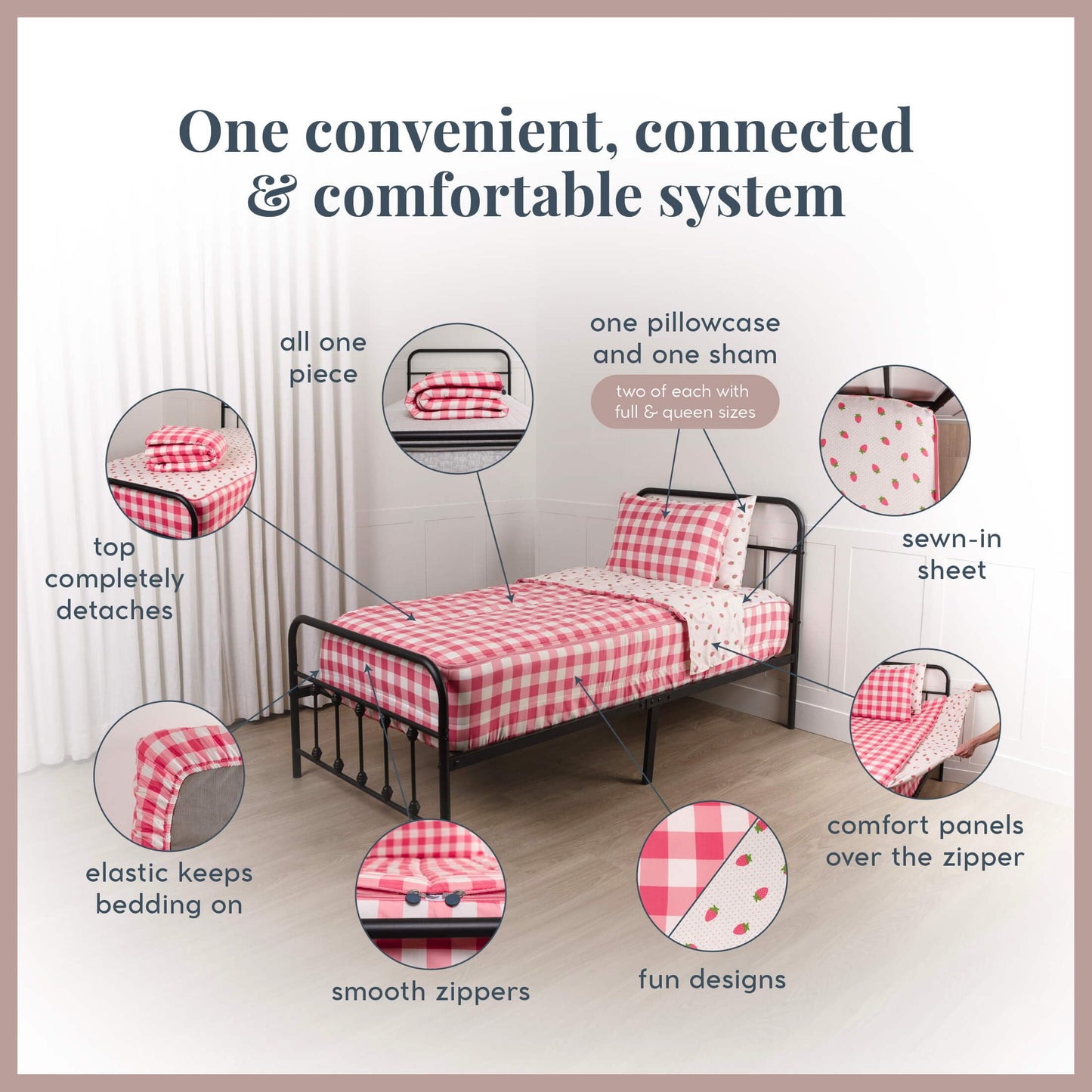 Beddy's Gingham & Strawberries Durable Zipper Bedding for Kids - Bed in a Bag - Dark Pink Gingham Comforter with Strawbery Sheets - Includes Pillowcase & Sham - Easy to Make & Wash - Twin