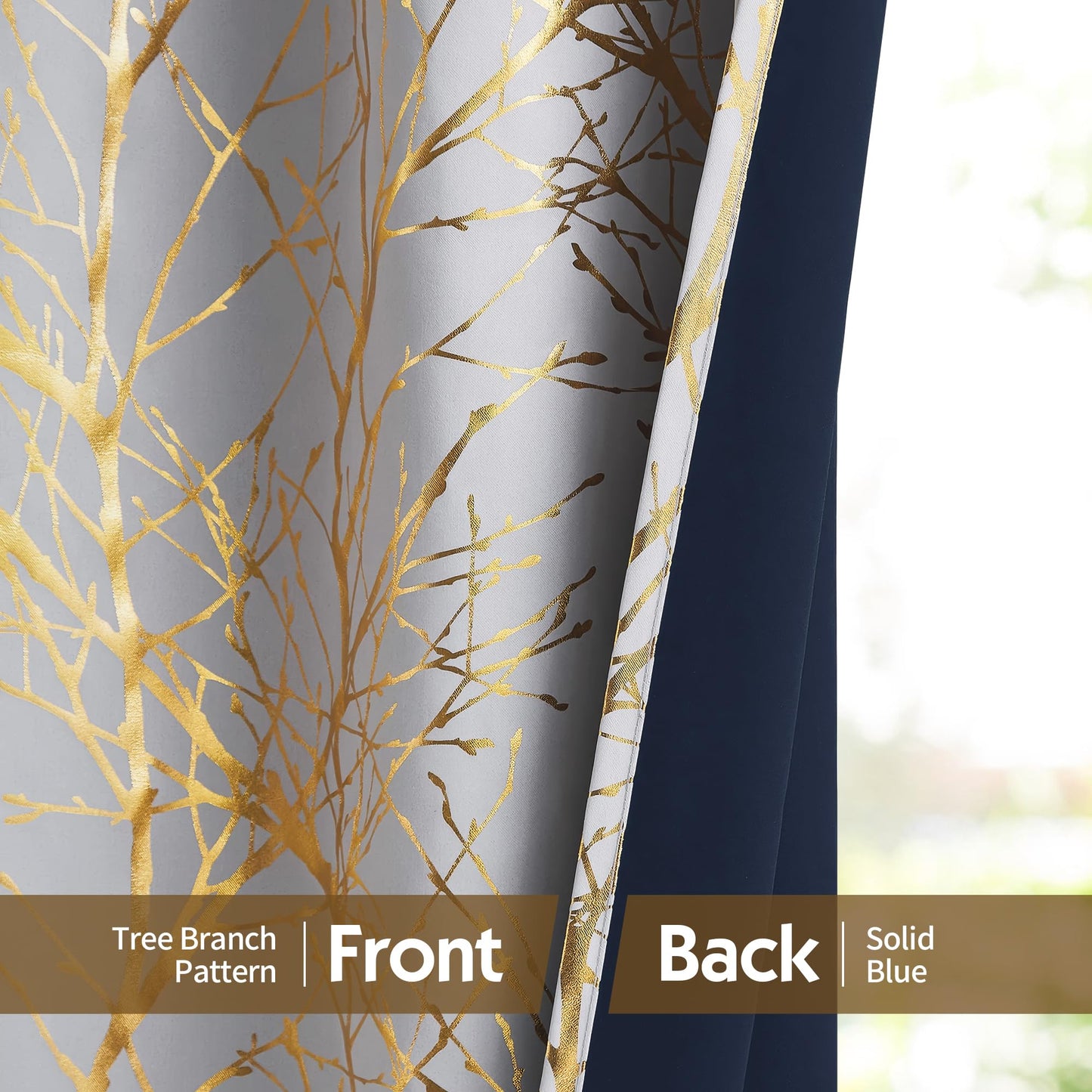 FMFUNCTEX 100% Blackout Curtains for Bedroom, Curtains 45 Inch Length Gold on Grey Tree Curtains for Living Room, Gold Foil Room Darkening Thermal Insulated Branch Curtain, 2 Panels Grommet Top