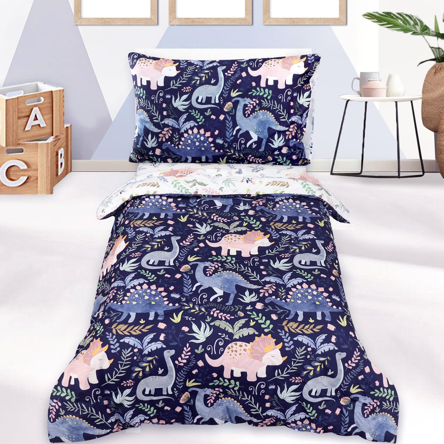Pea Pod 4 Piece Dinosaur Toddler Bedding Set for Boys, Premium Blue Toddler Comforter Set Crib Sheets Set Includes Flat Top Sheet, Fitted Sheet, Comforter, Envelope Pillowcase,Ultra Soft